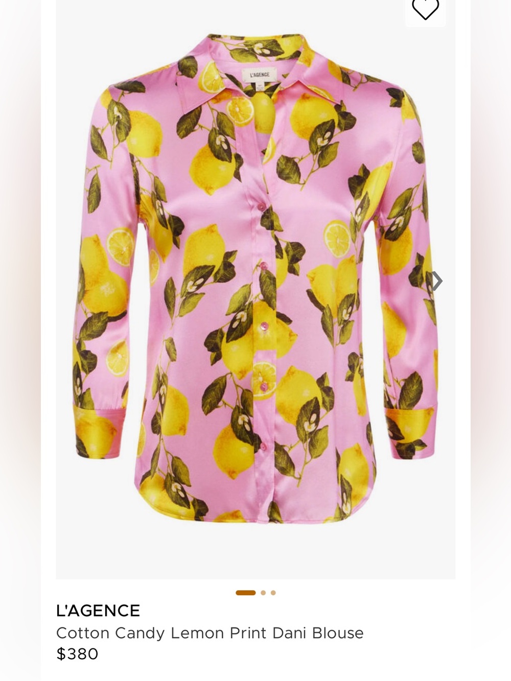 NWT $380 L'AGENCE Cotton Candy Lemon Print Dani Blouse Size Large , 100% SILK